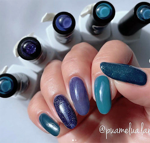5 different kinds of blue gel nails, cool impression. Done by Weekly Gel