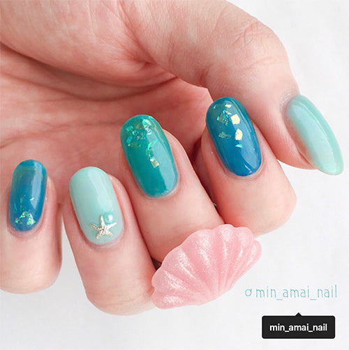 Several kinds of green color gel nail designs with shell ring. Homei Weekly Gel Nail