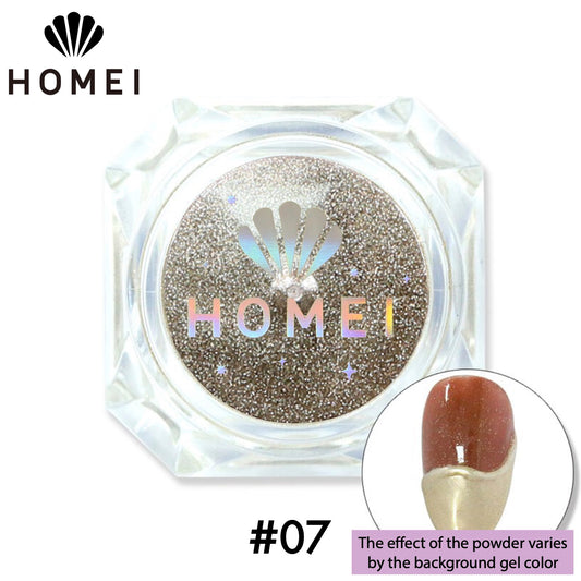 HOMEI Weekly Gel Mirror Powder product image with finished design on nail chip. Metallic Gold