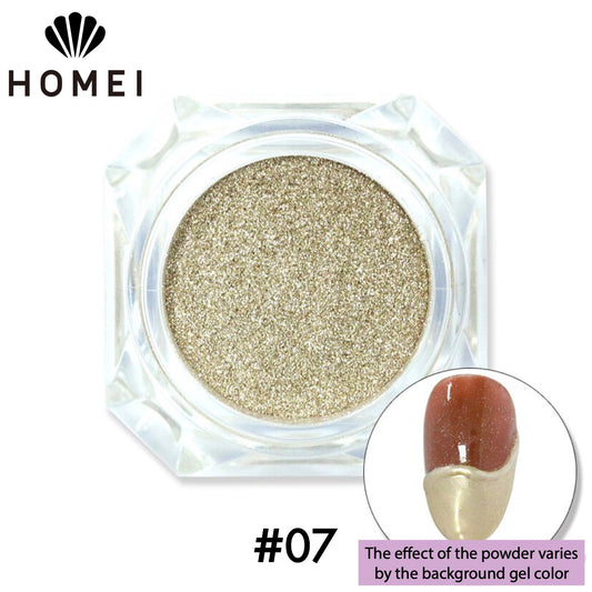 HOMEI Weekly Gel Mirror Powder product image with finished design on nail chip. Metallic Gold