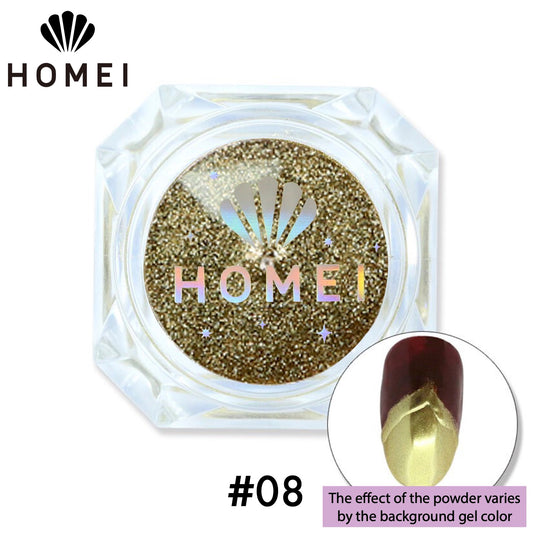 HOMEI Weekly Gel Mirror Powder product image with finished design on nail chip. Metallic Gold