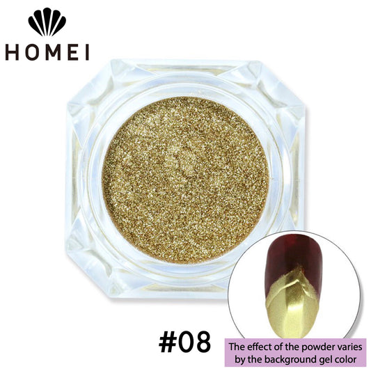 HOMEI Weekly Gel Mirror Powder product image with finished design on nail chip. Metallic Gold