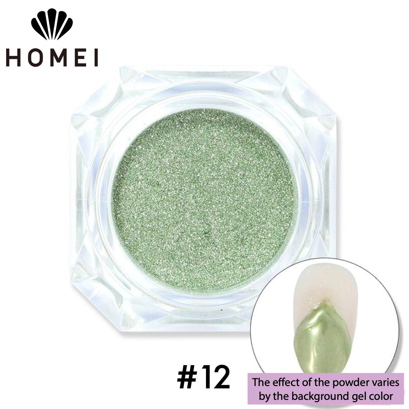 HOMEI Weekly Gel Mirror Powder product image with finished design on nail chip. Metallic light green.