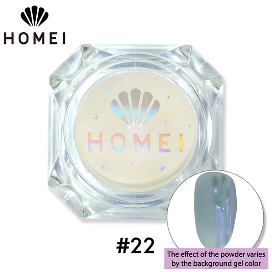 HOMEI Weekly Gel Mirror Powder product image with finished design on nail chip. Metallic Finish.
