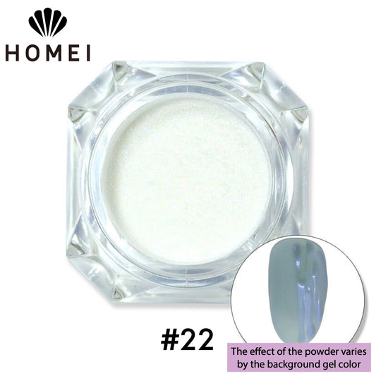 HOMEI Weekly Gel Mirror Powder product image with finished design on nail chip. Metallic Finish.