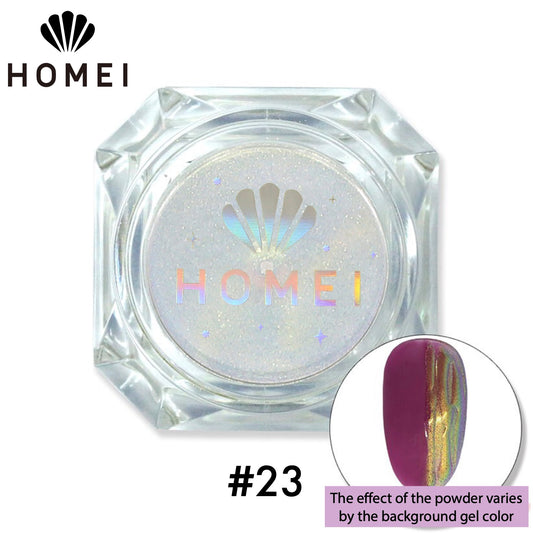HOMEI Weekly Gel Mirror Powder Product image and color example with nail chip