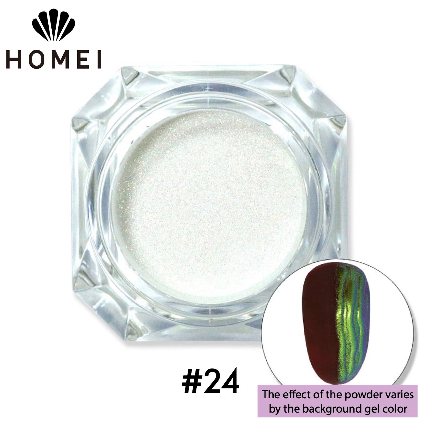 HOMEI Weekly Gel Mirror Powder Product image and color example with nail chip