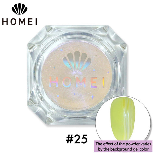 HOMEI Weekly Gel Mirror Powder Product image and color example with nail chip.