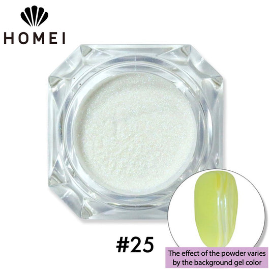 HOMEI Weekly Gel Mirror Powder Product image and color example with nail chip.