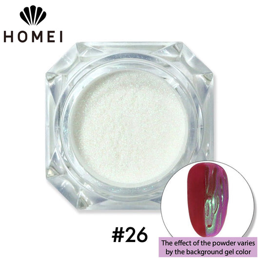 HOMEI Weekly Gel Mirror Powder Product image and color example with nail chip.