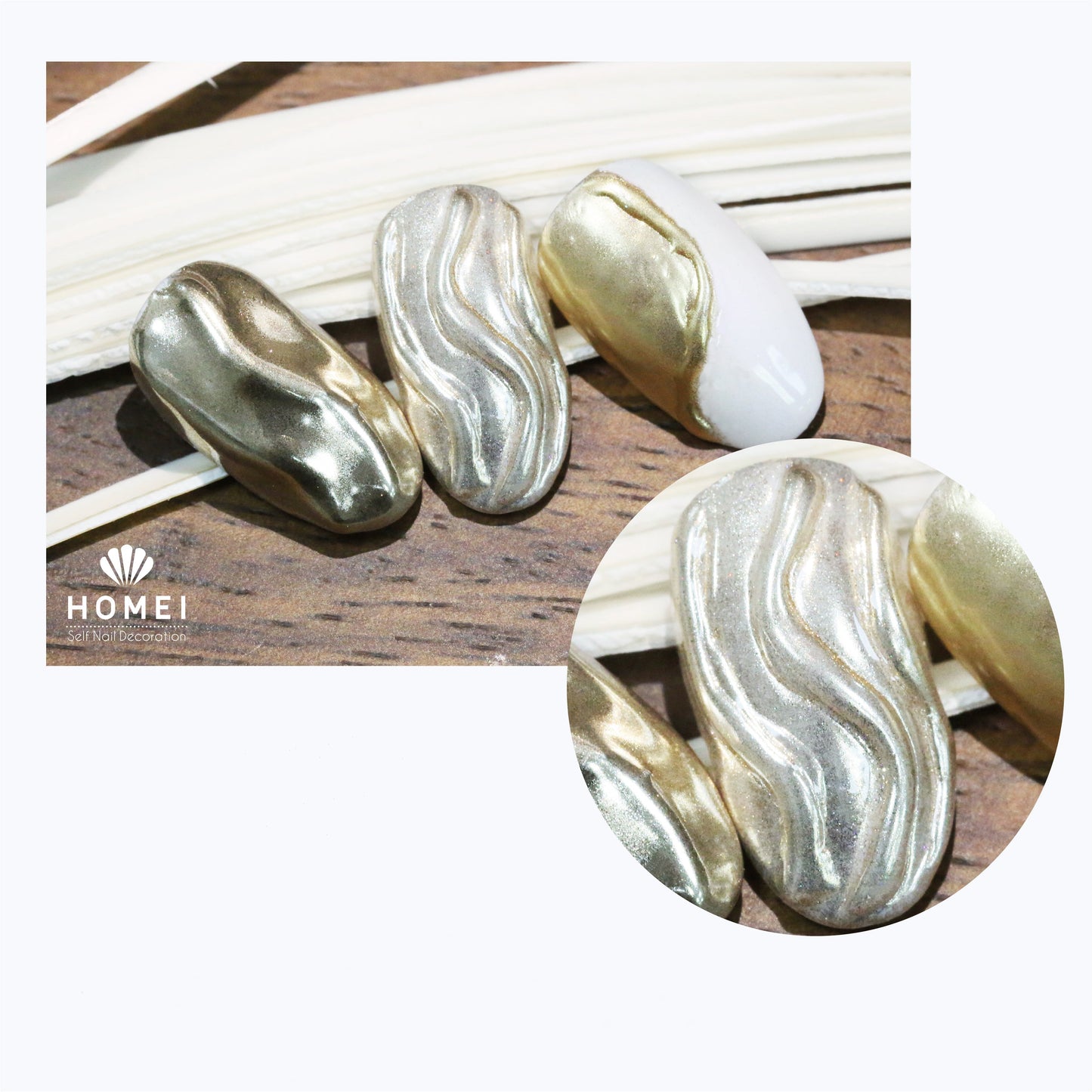 Mirror Gel Nails design by HOMEI Weekly Gel with gold, silver and white.