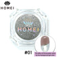 HOMEI Weekly Gel Mirror Powder product image with finished design on nail chip. Metallic silver.