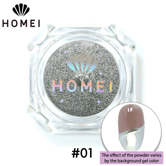 HOMEI Weekly Gel Mirror Powder product image with finished design on nail chip. Metallic silver.