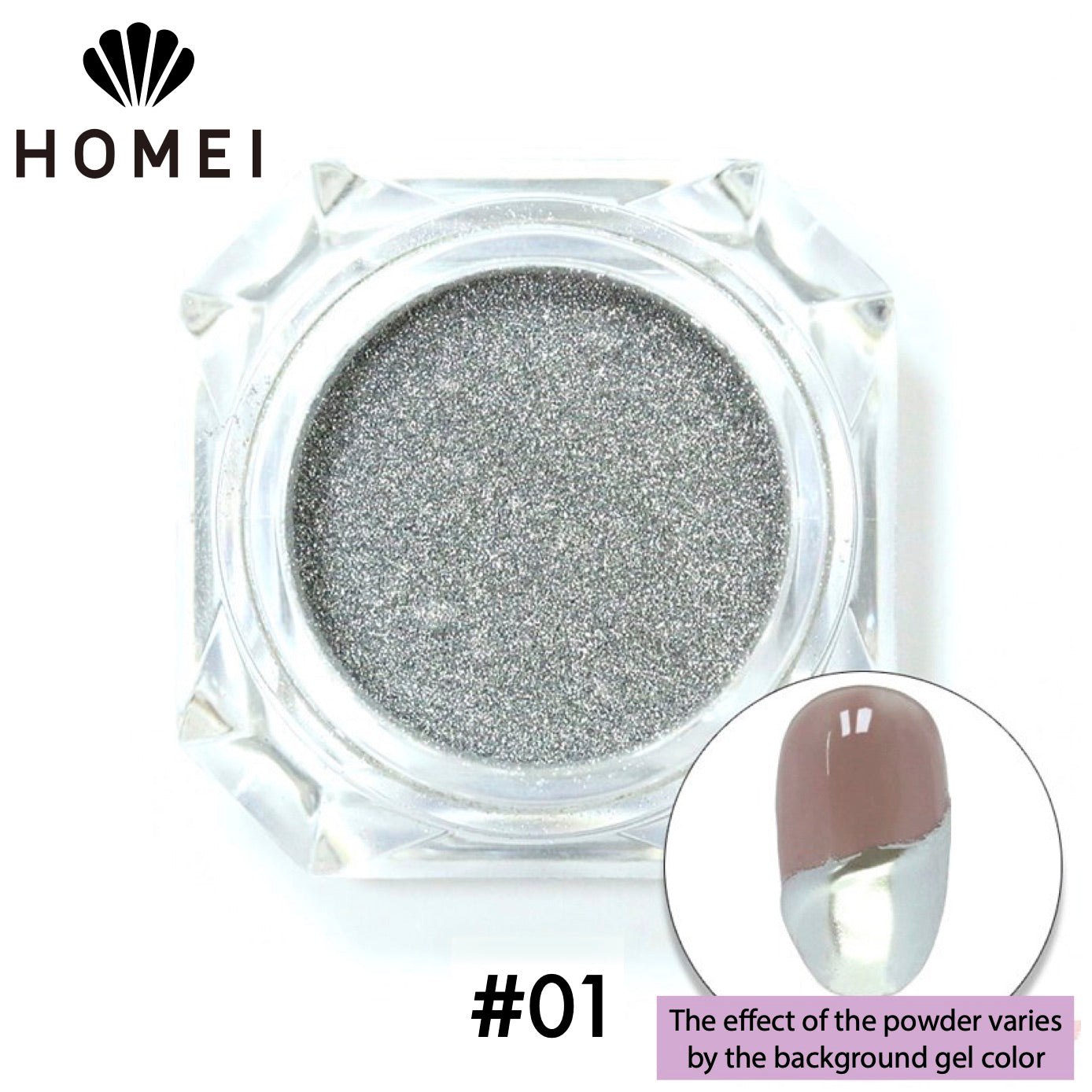 HOMEI Weekly Gel Mirror Powder product image with finished design on nail chip. Metallic silver.