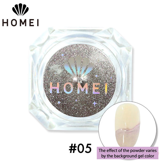 HOMEI Weekly Gel Mirror Powder product image with finished design on nail chip.