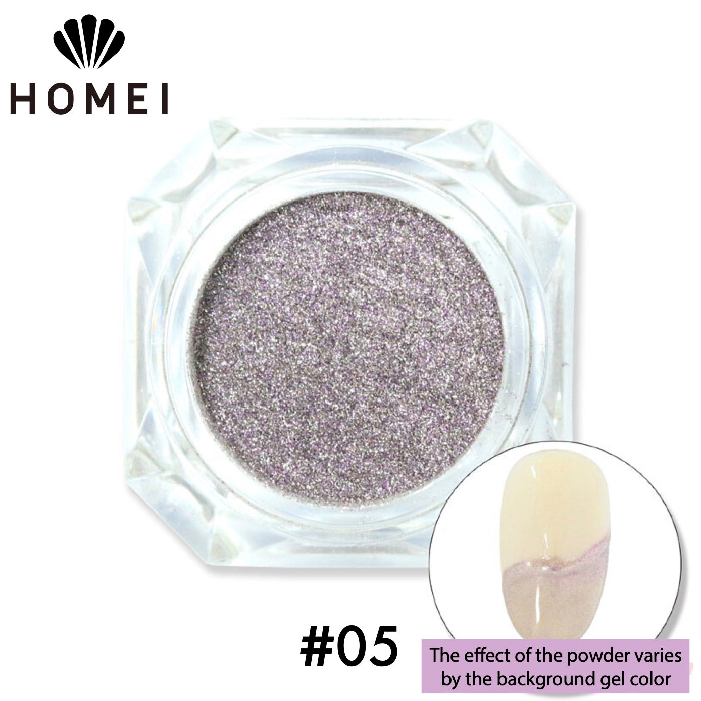 HOMEI Weekly Gel Mirror Powder product image with finished design on nail chip. 