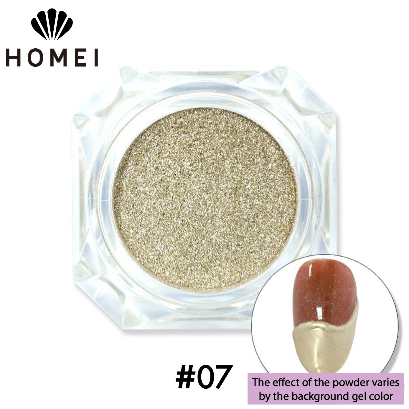 HOMEI Weekly Gel Mirror Powder product image with finished design on nail chip. Metallic Gold 