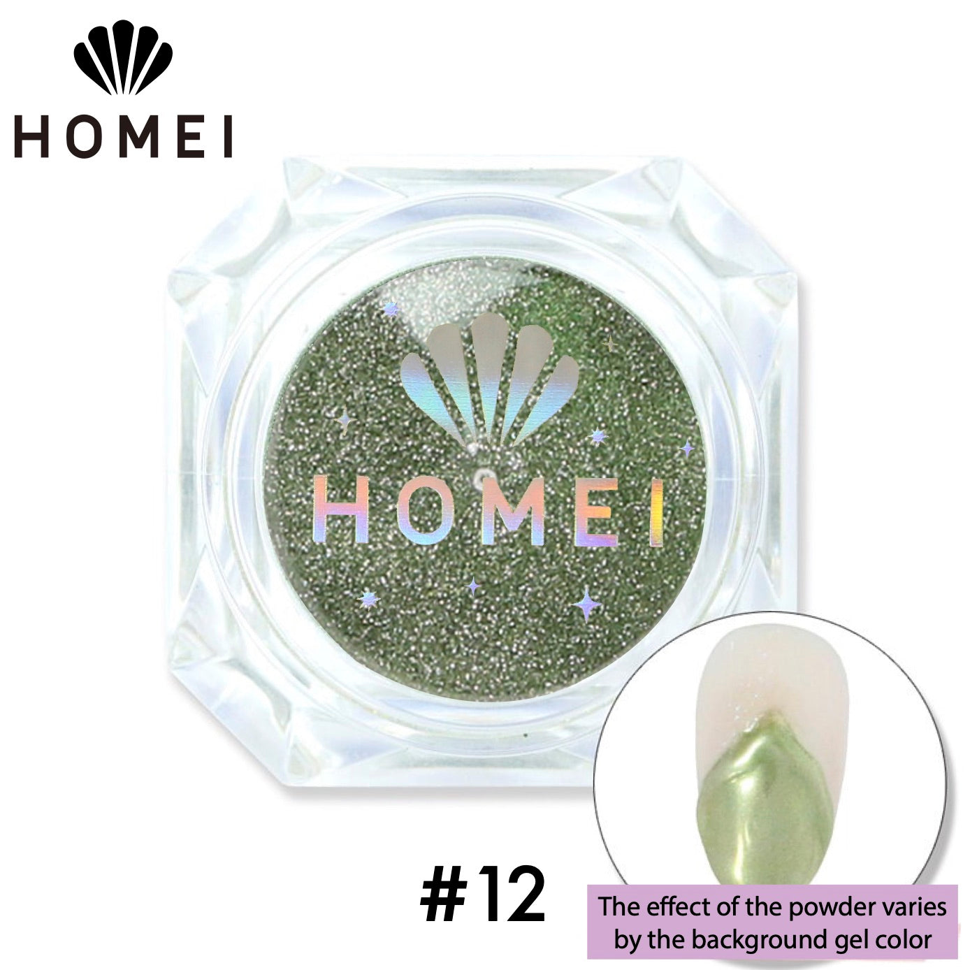HOMEI Weekly Gel Mirror Powder product image with finished design on nail chip. Metallic light green. 