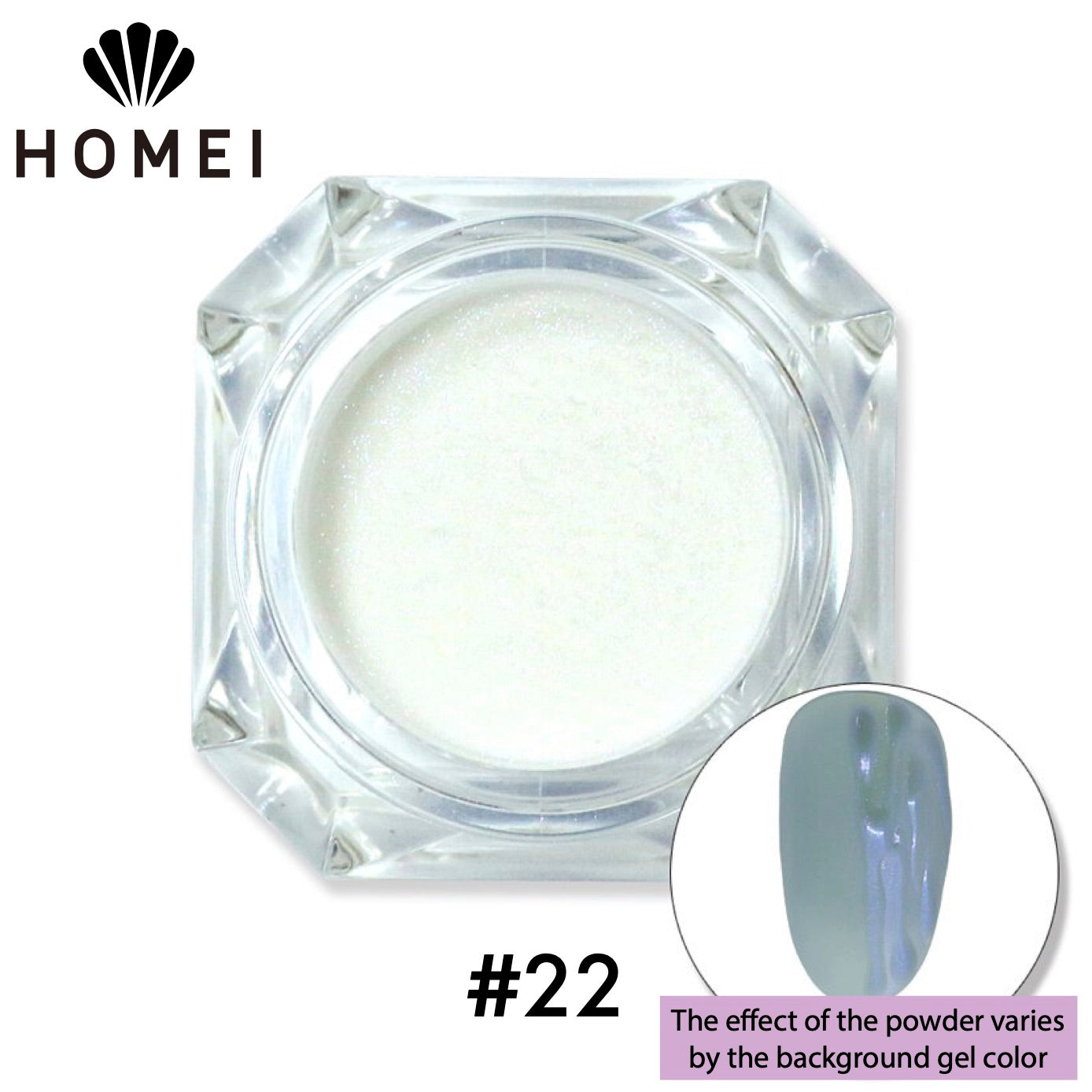HOMEI Weekly Gel Mirror Powder product image with finished design on nail chip. Metallic Finish. 