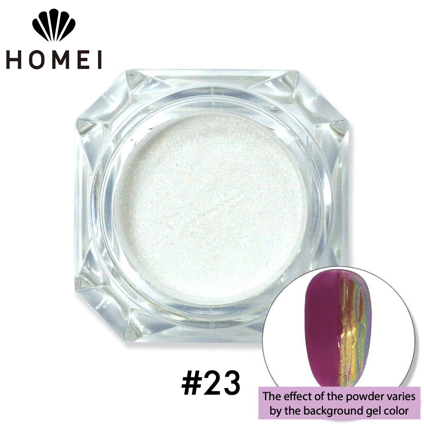 HOMEI Weekly Gel Mirror Powder Product image and color example with nail chip