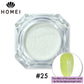 HOMEI Weekly Gel Mirror Powder Product image and color example with nail chip. 