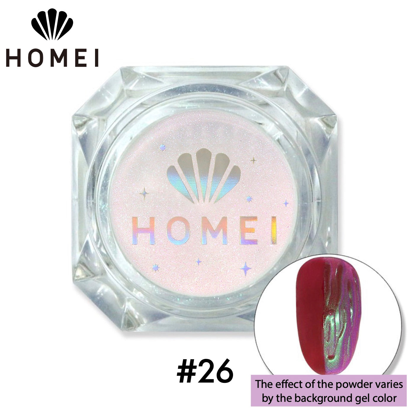 HOMEI Weekly Gel Mirror Powder Product image and color example with nail chip.